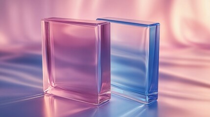 Two translucent, rectangular, glass blocks, in pink and blue, on a soft, pastel-hued surface