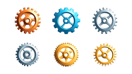 Pack Gear Icon Set in Different Poses Against Transparent Background for Technology, Engineering, or Mechanical Designs