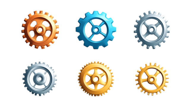 Pack Gear Icon Set in Different Poses Against Transparent Background for Technology, Engineering, or Mechanical Designs