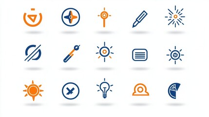 A set of minimalist line icons depicting various design elements and features like ideas editing tools lighting effects and balanced shapes