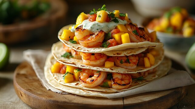 A modern minimalist food shot of a taco stack on a beige linen napkin, topped with grilled shrimp, fresh mango salsa, and a drizzle of lime crema,
