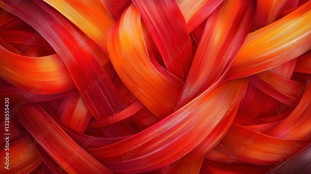Poster a vibrant, abstract image showcasing intertwined red and orange ribbons, creating a dynamic and flui