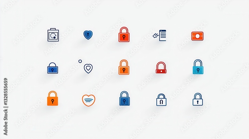 Poster a set of minimalist line icons depicting various padlock and security related symbols designed with 