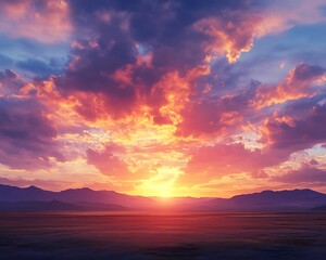 Naklejka premium Vibrant sunset sky with dramatic clouds over a wide-open plain distant mountains