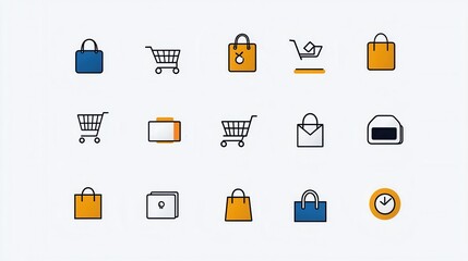 A collection of minimalist and modern line icons representing various shopping and e commerce related elements such as shopping carts locks bags and payment methods