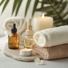 Luxury spa set with scented candles, essential oils, and plush towels