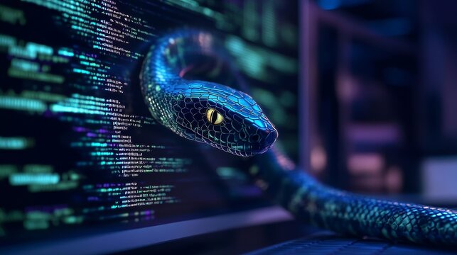Python code with a digital snake, symbolizing python programming for data engineering