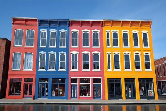 Historic Main Street architecture vividly colored in vibrant hues along riverfront