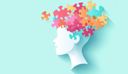 Silhouette of a head with colorful puzzle pieces symbolizing creative and critical thinking.