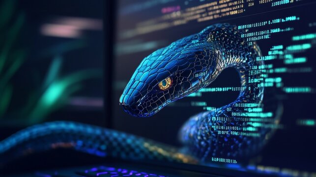 Python code with a digital snake, symbolizing python programming for data engineering