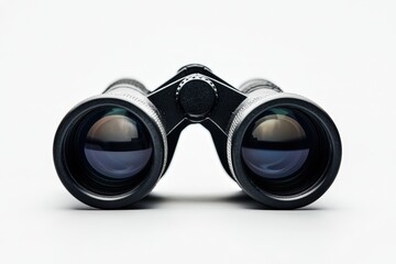 Black binoculars on a white background with a close up view