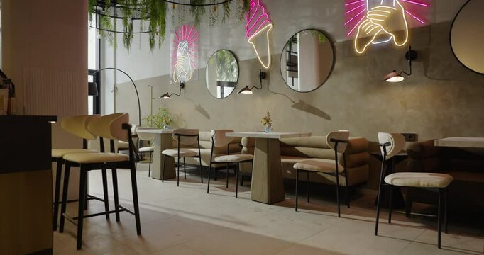 Trendy Restaurant Preparing To Receive Guests In Christmas Holidays, Cozy Interior Of City Cafe