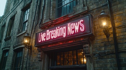 Urban news sign, brick facade