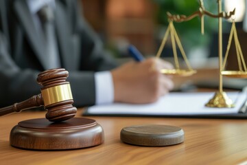 Close-up of a gavel and scales of justice with male lawyer writing in the background.