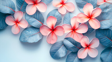Pink Plumeria Flowers and Blue Leaves Flat Lay
