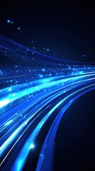 Abstract blue light streaks, glowing trails, dynamic motion, futuristic technology background.