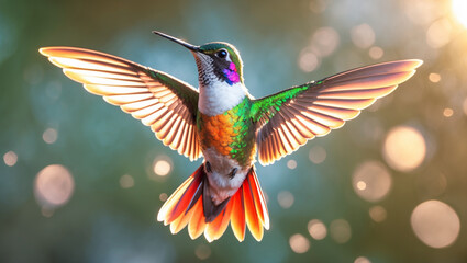 Fototapeta premium Bright Hummingbird in Flight Colorful Feathers