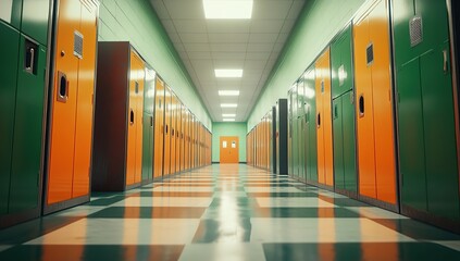 Fototapeta premium Exploring Colorful School Hallways: Rows of Green and Orange Lockers Reflecting Light, Creating a Vivid and Memorable Educational Setting.