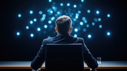 Fototapeta premium A person in a suit sits at a desk, facing a backdrop of glowing blue lights.