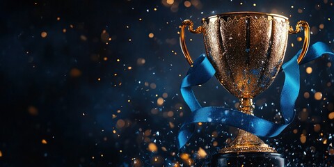 Golden Trophy with Blue Ribbon: Celebrating Victory, Achievement, and Success in Competition