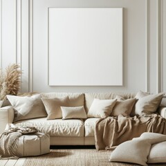 Mockup of a beige sofa with pillows and blanket in a minimalist living room with a large empty frame on the wall.