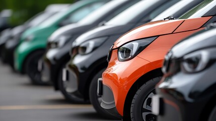 Fototapeta premium Colorful lineup of compact cars in a parking lot showcases modern automotive design and urban mobility solutions