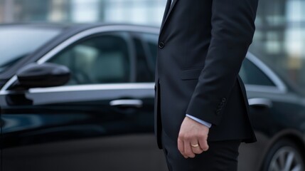 Businessman in a suit standing next to a luxury car in an urban environment during the day
