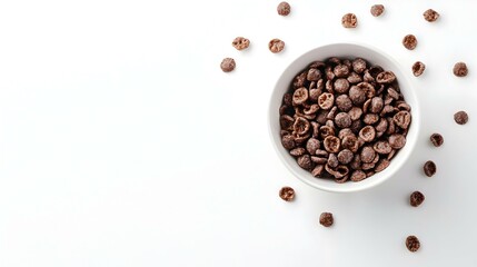 chocolate cereals in white bowl on white