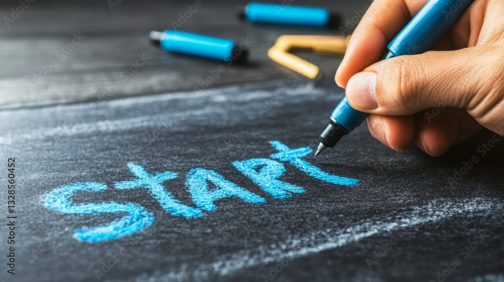Poster writing the word start on a blackboard with a blue marker in a creative workspace setting