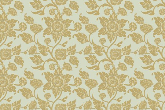 Seamless traditional Thai art floral pattern in damask style motifs suitable for wallpaper, curtain, cloth, textile, tile, blanket and fabric design isolated illustration vector.