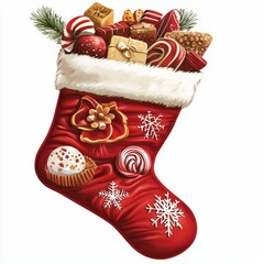 Festive Red Christmas Stocking Filled with Colorful Treats, Candies, and Gifts with Pine Decorations