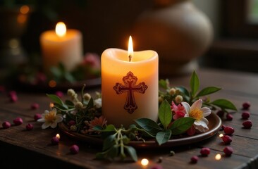 Decorative candles with floral arrangements create a serene atmosphere