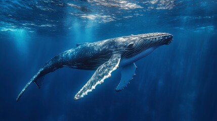 Fototapeta premium A majestic humpback whale swims gracefully underwater, showcasing its massive size and beautiful features in a serene ocean environment.