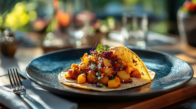 A taco placed on a fine dining setup, with a folded linen napkin, fork and knife neatly aligned, artistic plating, soft natural lighting, subtle shadows adding depth, premium food photography.