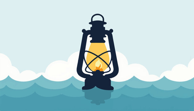 Lantern glowing on calm water with clouds as background