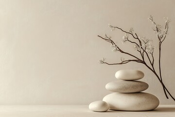 Zen stones stacked on bamboo mat symbolizing balance and peace.