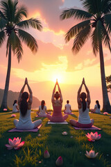  International Yoga Day banner, featuring a diverse group of yogis practicing asanas at sunrise.