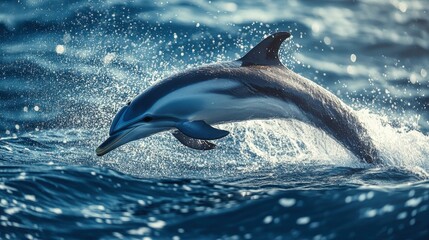 Fototapeta premium A dolphin gracefully leaps from the ocean, creating splashes of water around it in a vibrant marine scene.