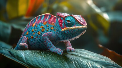 A vibrant chameleon perched on a leaf, showcasing its colorful skin and intricate patterns in a lush, tropical environment.