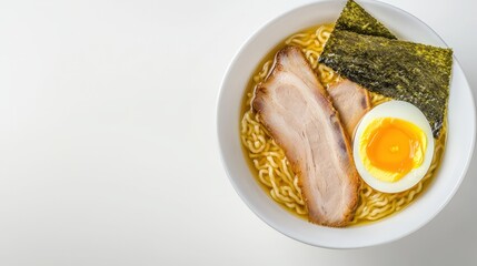 A traditional japanese ramen bowl filled with tonkotsu broth, topped with a perfectly boiled egg and chashu pork