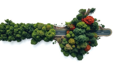 Aerial View of Road Through Forest Arrow Shape on White Background