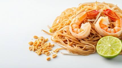 Close-up of a plate of flavorful pad thai noodles garnished with fresh shrimp and crushed peanuts for a tasty meal