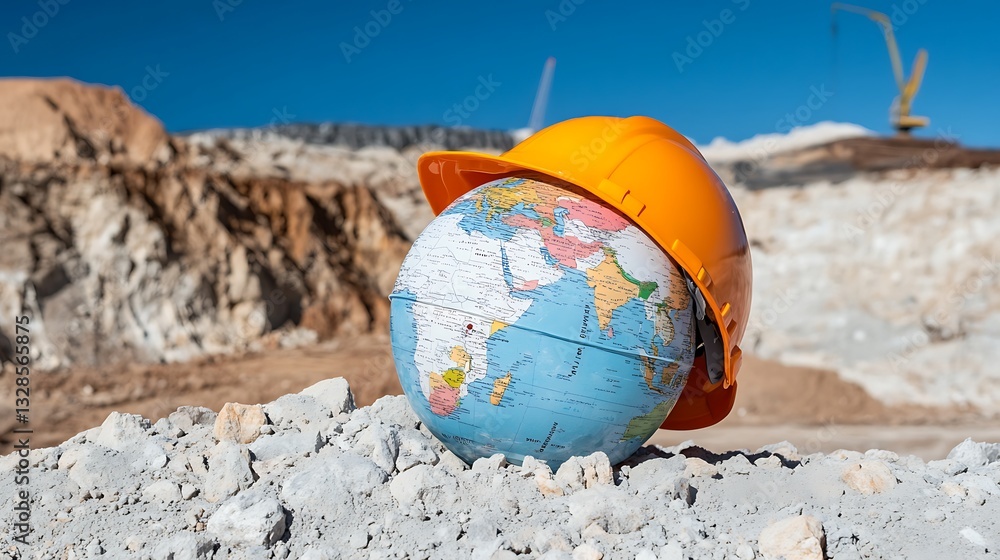 Poster a globe resting on construction site symbolizing global development and progress