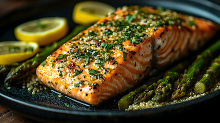 Grilled salmon fillet with asparagus, lemon wedges, and quinoa sprinkle