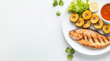 Flavorful plate featuring grilled fish and fresh vegetables served alongside plantains in a traditional style
