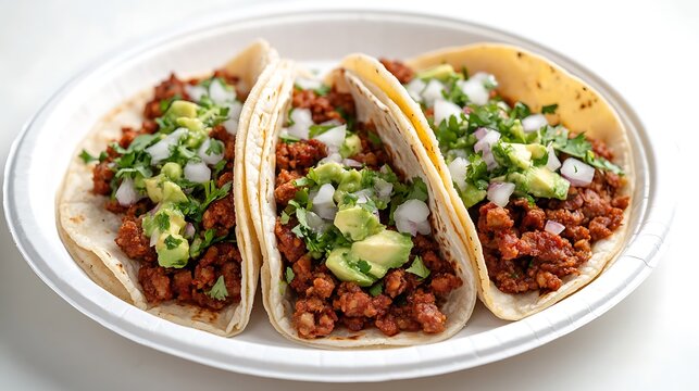 Three beautifully arranged street tacos with chorizo and avocado salsa, neatly placed on a white plate, overhead view, bright soft lighting, clean and minimal background. --ar 16:9