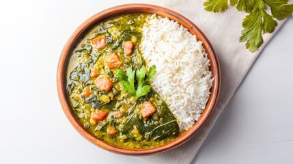 Authentic bowl of congolese saka saka cassava leaves stew on a table ready to be enjoyed with rice
