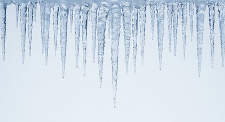 Icicles hanging against a blue and white background in a cold winter scene
