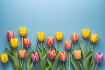 Colorful tulips in a floral arrangement placed in blue background with large empty copyspace.