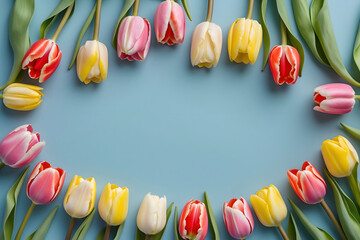 Colorful tulips in a floral arrangement placed in blue background with large empty copyspace.